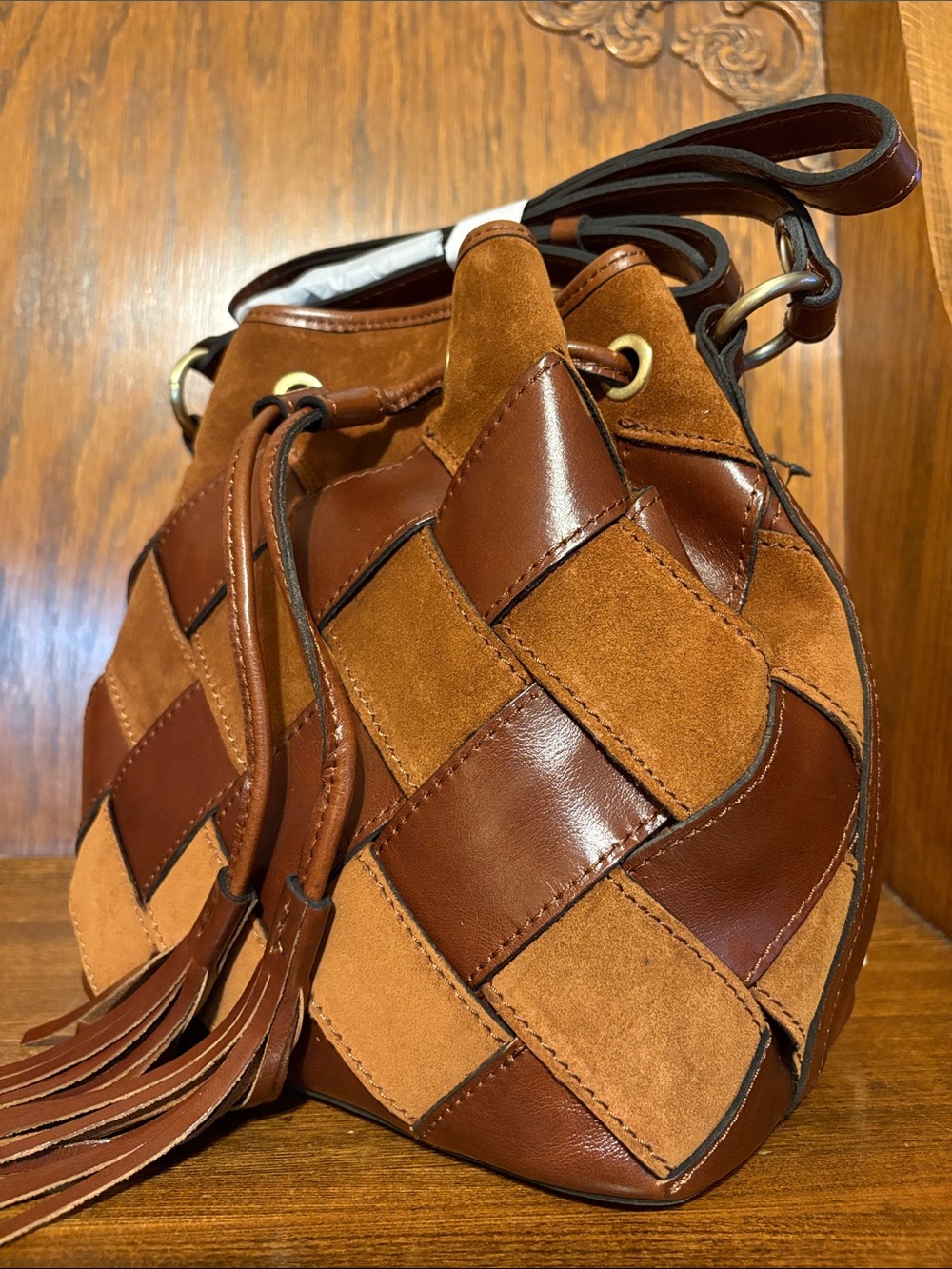 NWT-Patricia Nash-Bellona Bucket Bag-Suede Leather Weave Design-Cognac-$249 - Picture 4 of 15